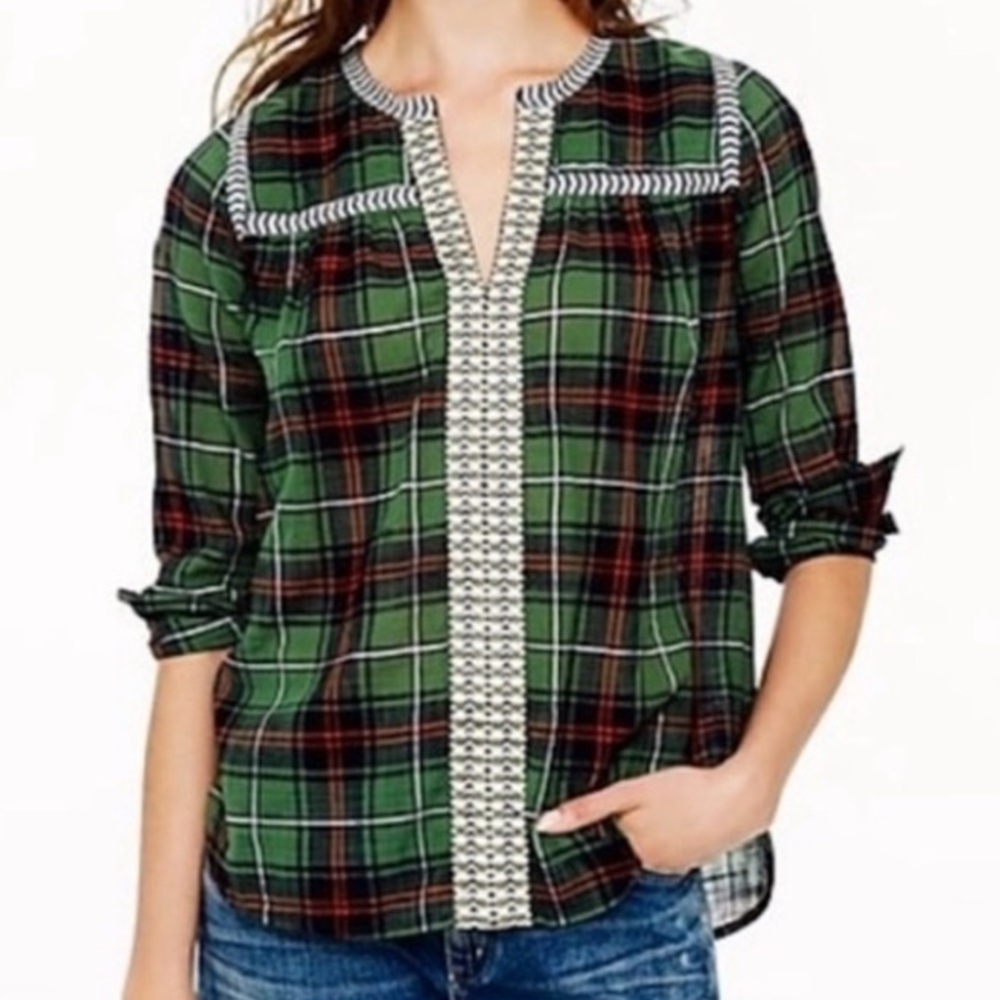 LIKE NEW J CREW COTTON GAUZE LONG SLEEVE EMBROIDERED VNECK PEASANT SHIRT PLAID 4